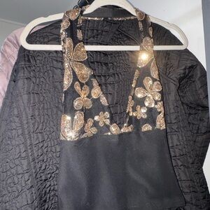 12th Tribe Black and Gold Sequin Floral Halter Top